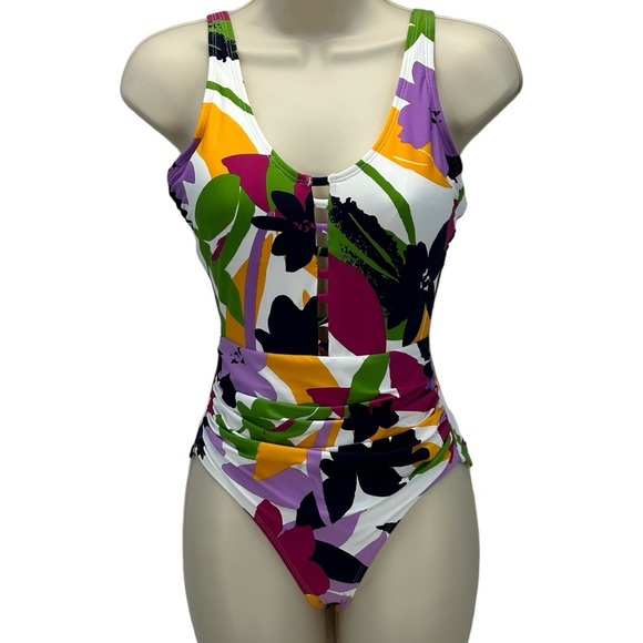 Anne Cole Side Ruched Scoop Back Floral Print One Piece Swimsuit - size 6 - Picture 1 of 9